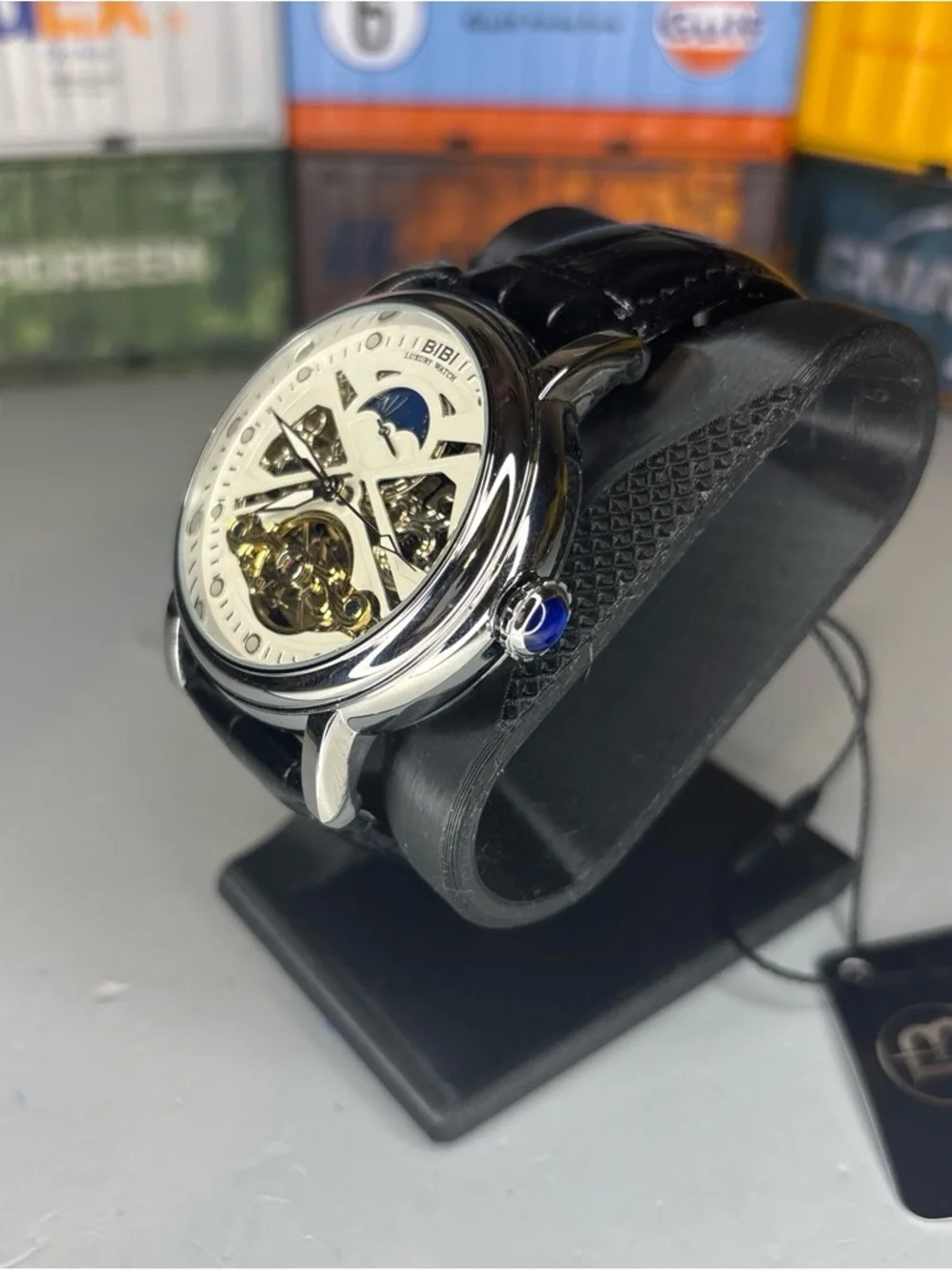 BiBi Automatic Cream Dial Skeleton Watch with Black Strap